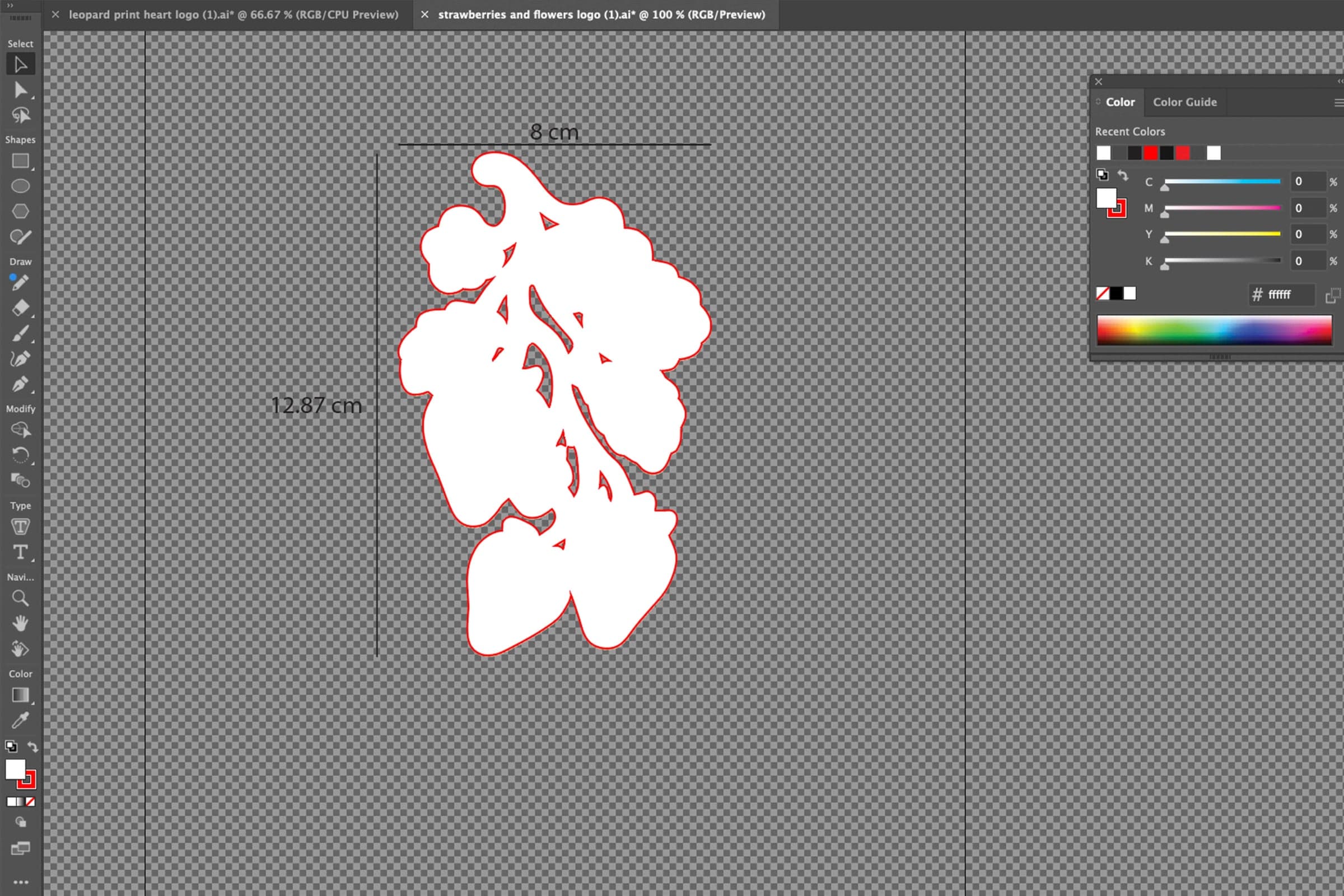 Adobe Illustrator artboard showing a red spot-colour cut line traced around a strawberries-and-flowers decal, dimensioned 8 cm by 12.87 cm