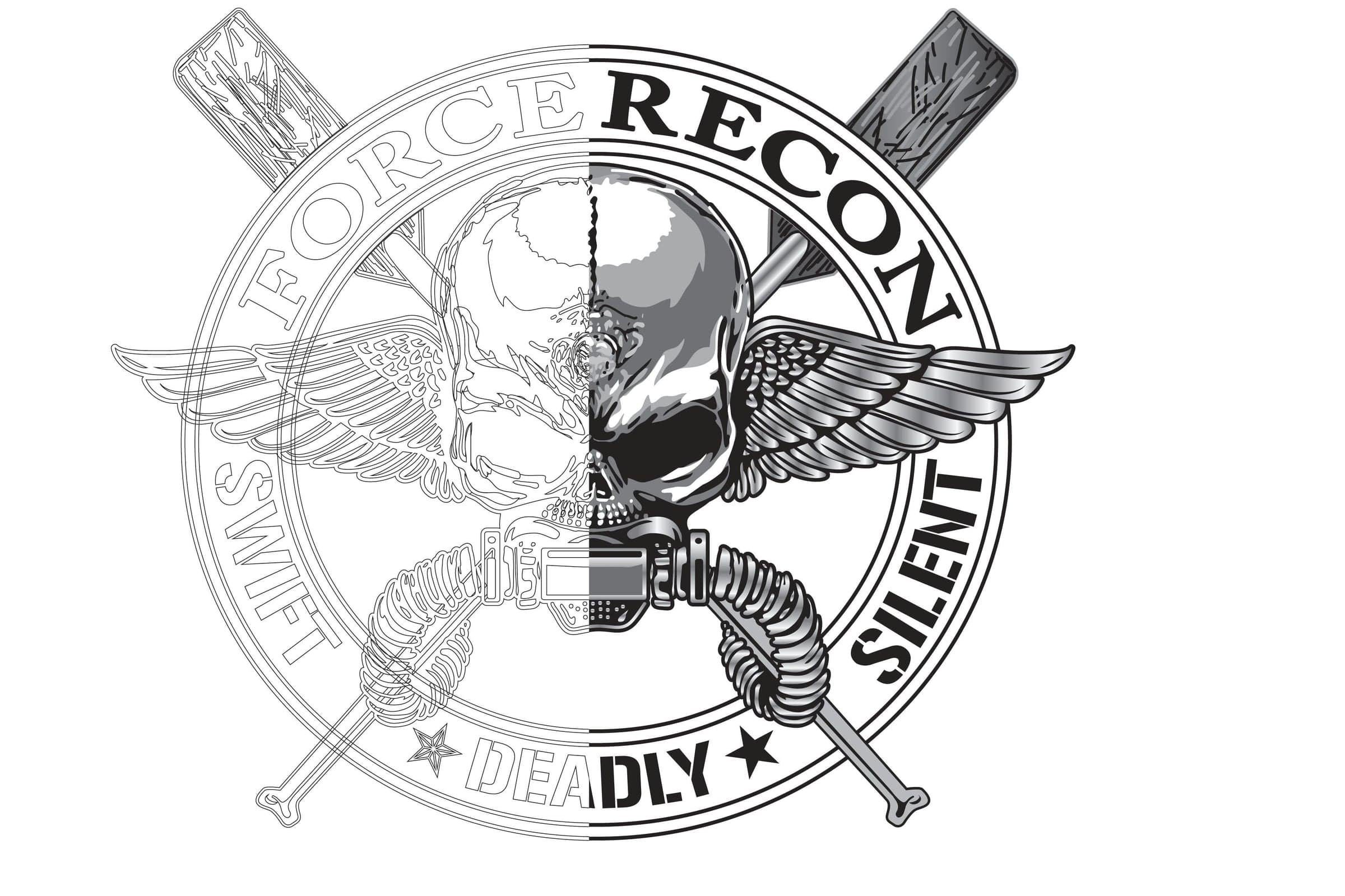 A winged skull crest shown split down the middle — bare vector outlines on one side, the finished shaded artwork on the other