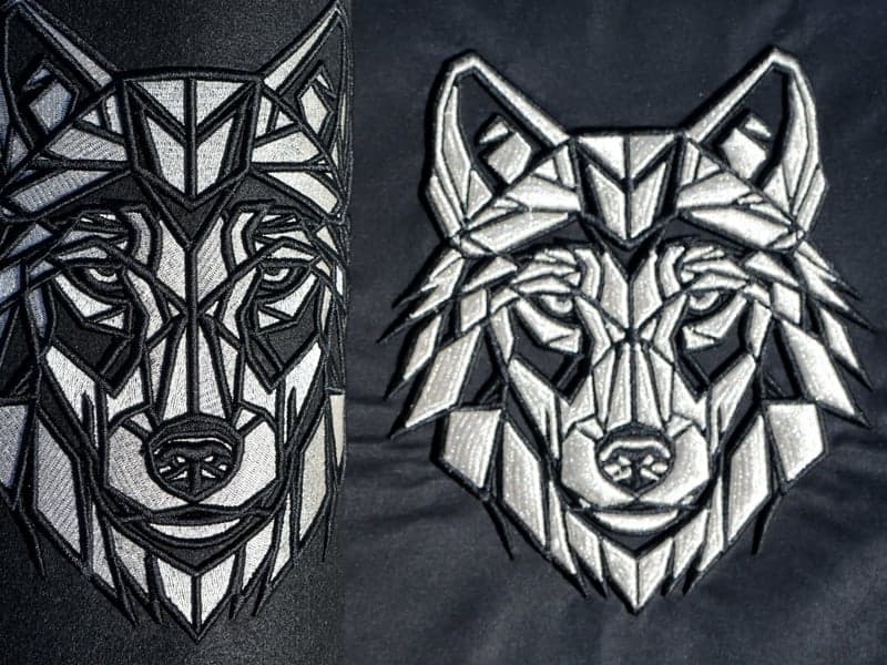 Production Result: Animal Portrait | 45,000 stitches | Digitized for structured heavy twill jacket. Note the manual thread blending for fur texture.