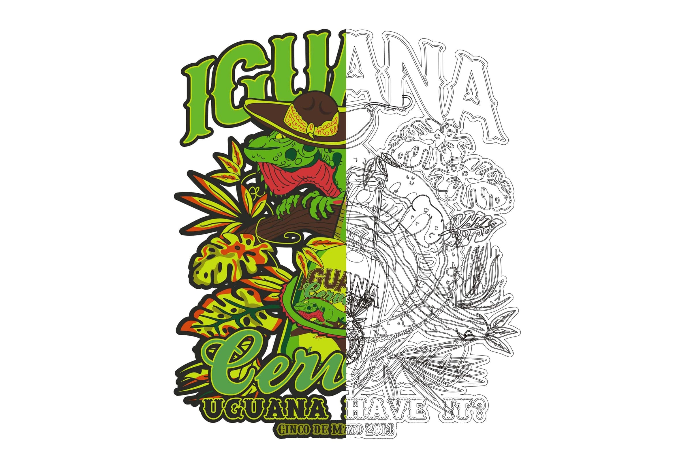 Iguana Cerveza garment design shown split down the middle — finished full-colour vector artwork on one side, the underlying line paths on the other