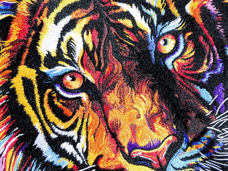 Production Result: Tiger Portrait | High-density blended satins running across orange, black and blue threads to fake fur depth on a flat fabric.