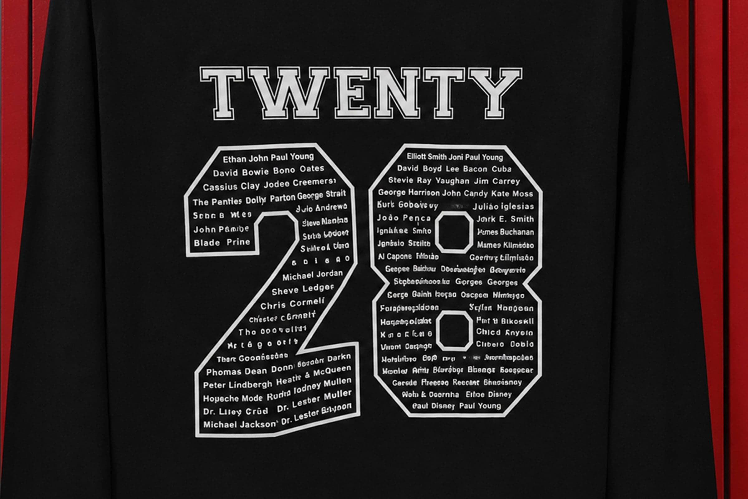 Black leavers hoodie back showing 'TWENTY 28' design with student names filling the digits
