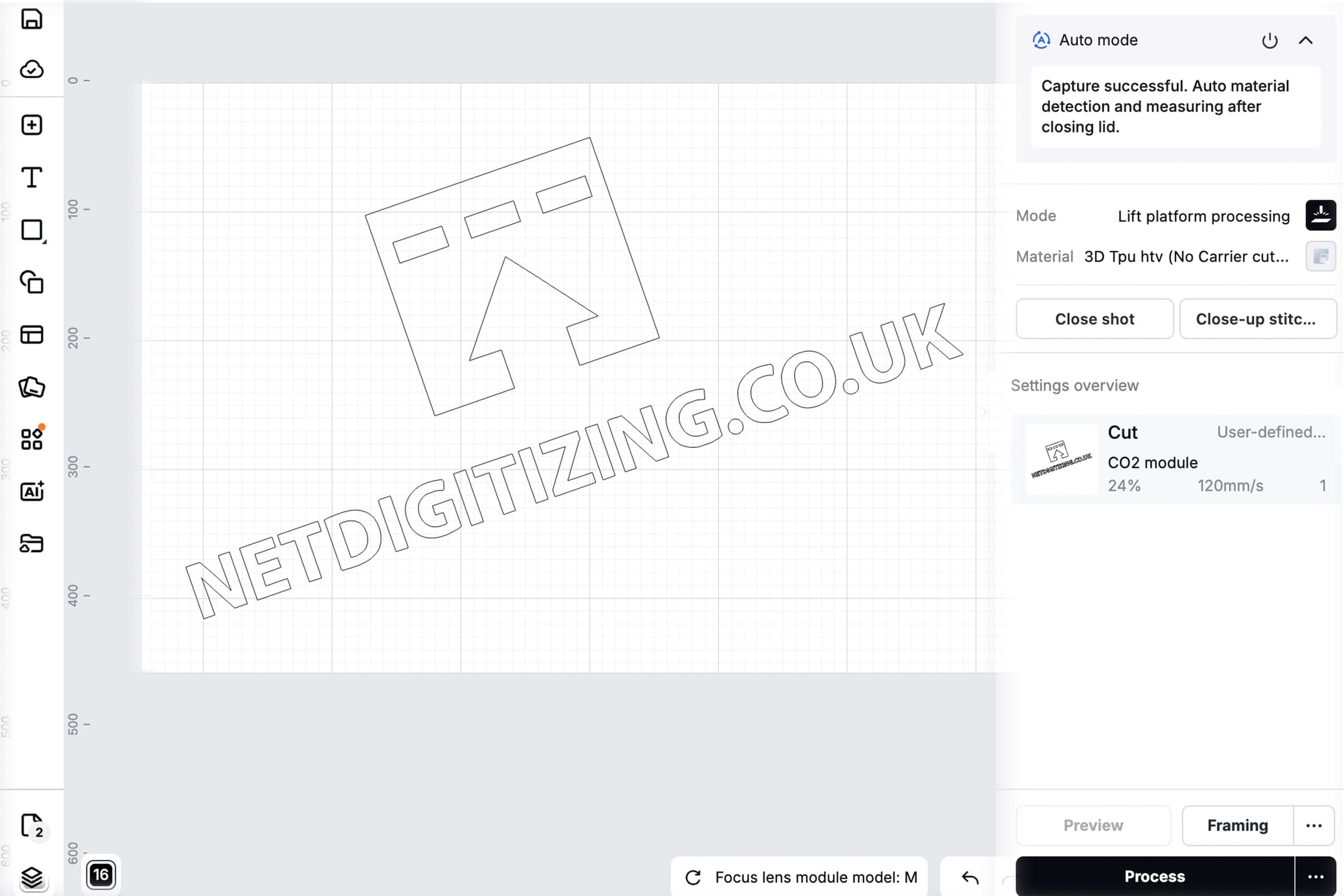 xTool laser software screenshot — Auto mode, 3D TPU HTV, CO2 module 24% at 120mm/s, NetDigitizing arrow file loaded